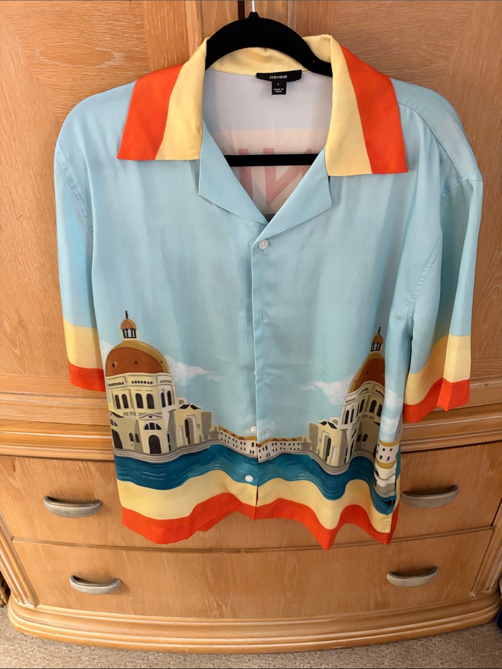 Reiss Venice Cityscape Button-Up Shirt in Sky Blue & Orange